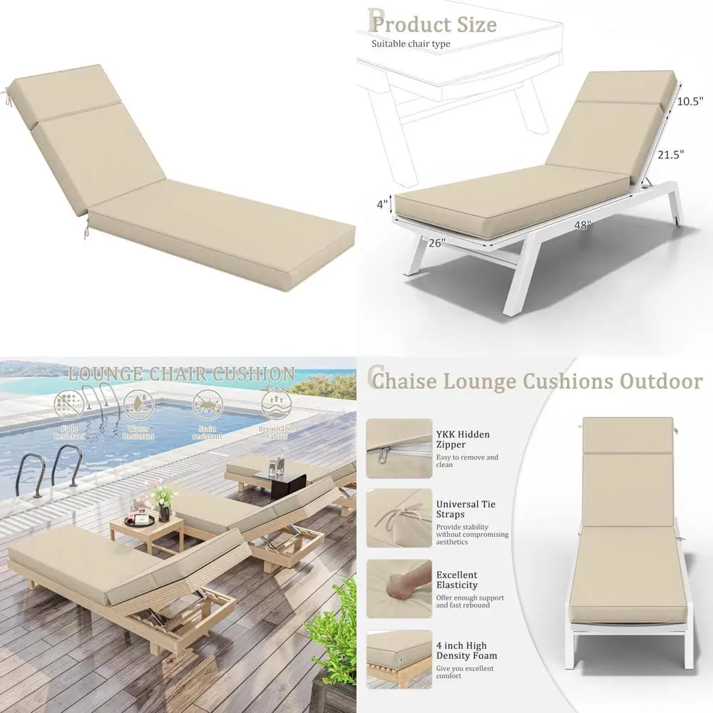 

Outdoor Chaise Lounge Cushions 80x26x4 High-Density Foam Waterproof with Ties for Patio Furniture