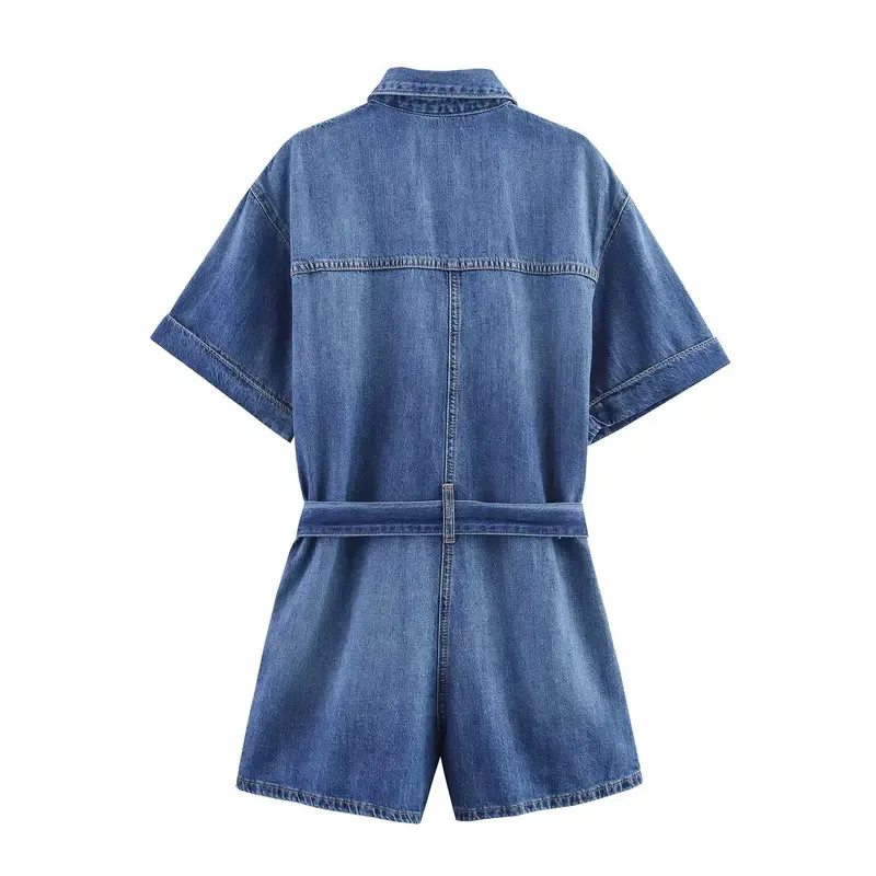 

Vintage Casual Summer Elegant Denim Bodysuit for Women with Button Belt Straight Short Sleeve Fashion Stylish Jumpsuit