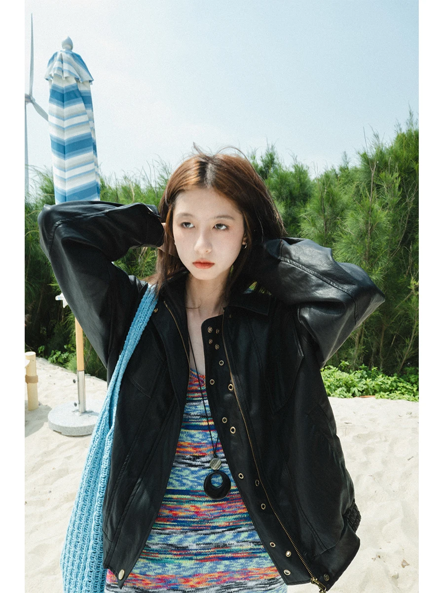 

Metallic Eye-ching Loose Fit Bla Faux Leather Jaet for Women by PAOCAILADY Vintage Sle Long Sve Zipper Closure