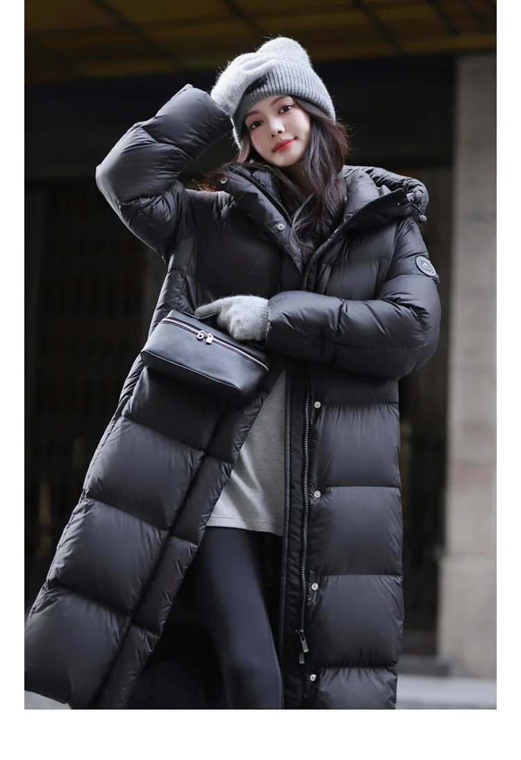 Winter High Quality Long Hooded Down Jacket Women White Duck Down Warm Thick Outwear Female Loose Parker Knee Length Down Jacket