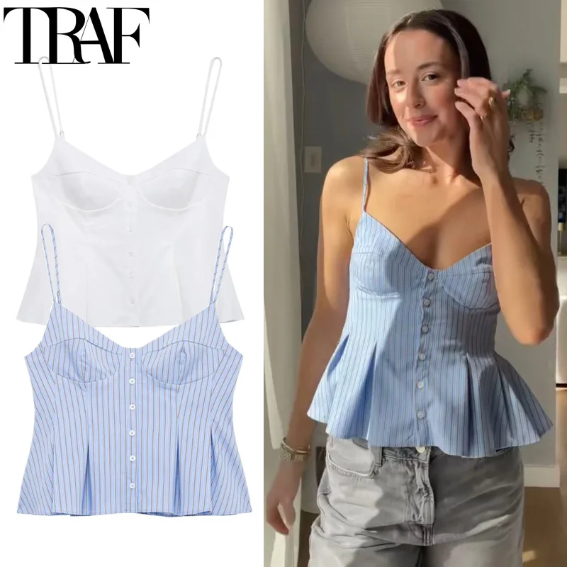

TRAF Summer Women's Tops 2025 Sleeveless White Blue Crop Top Woman Pleated Stripe Sexy Tops For Women Backless Camisole Top