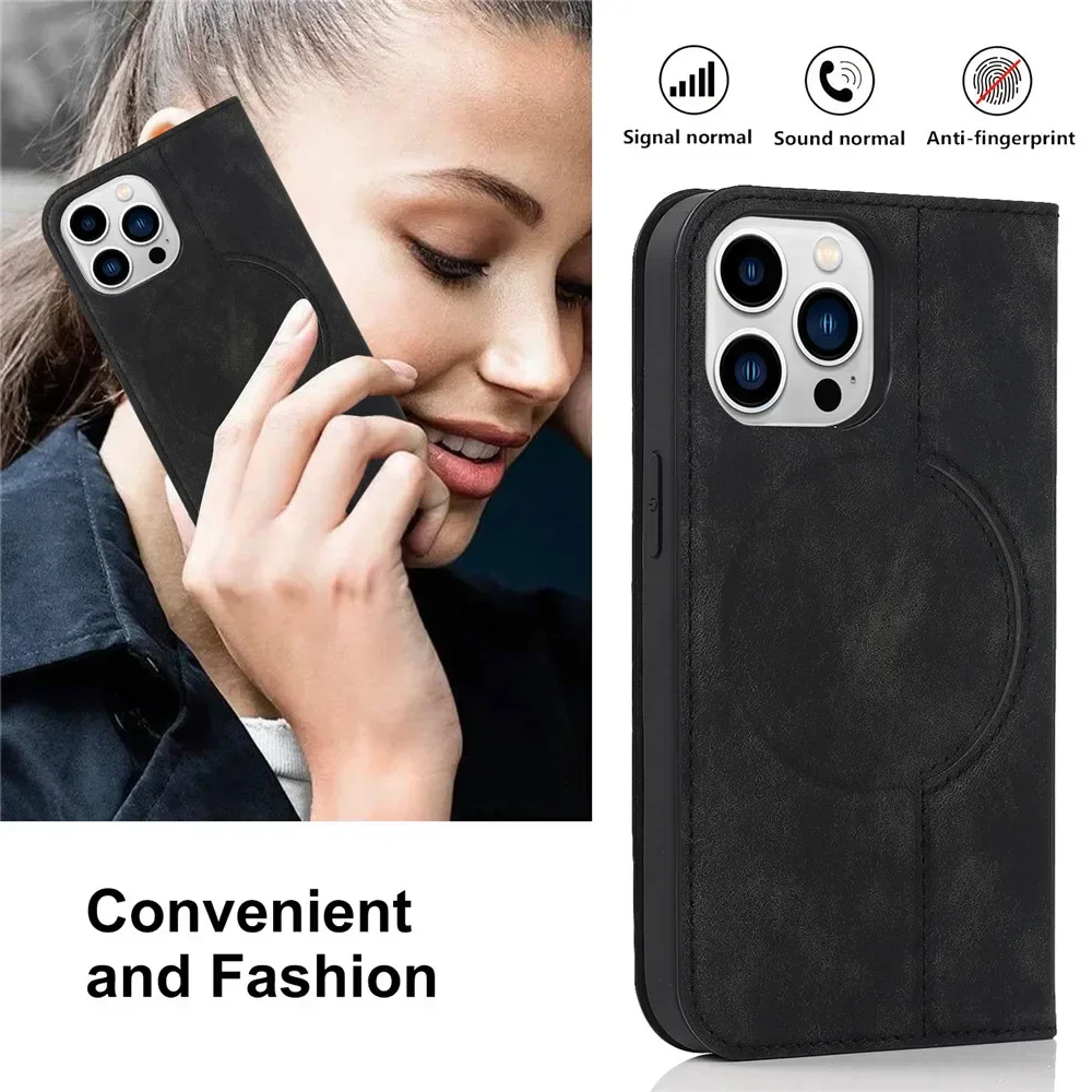 Funda de teléfono de cuero de lujo para IPhone 15 Plus, 14, 13, 12 Mini, 11 Pro Max, magnética, Magsafe, carga inalámbrica, Flip Wallet Stand Cover