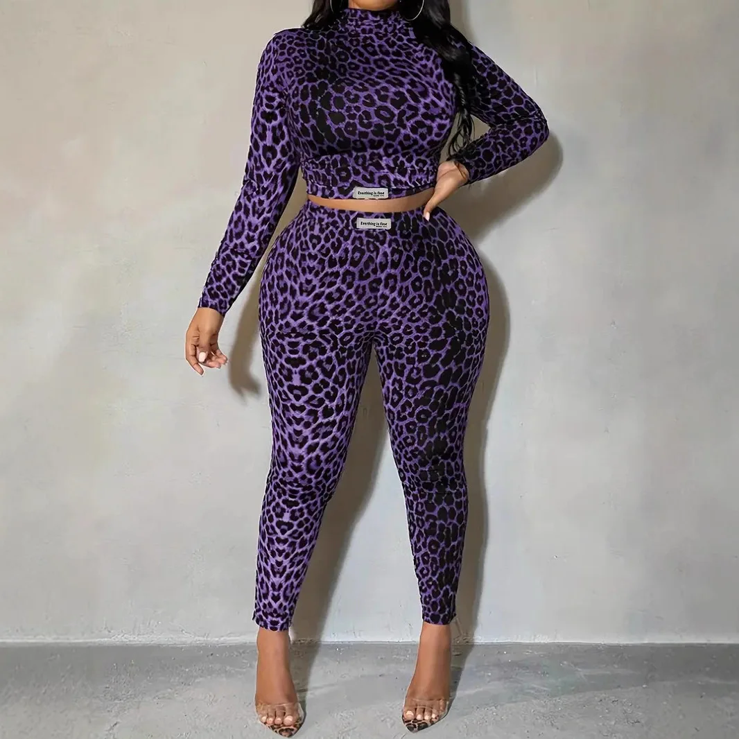 

2026 Spring Autumn New Leopard Print Two Piece Set for Women Fashion Long Sleeve Crop Top High Waist Pants Outfit Sexy Streetwea