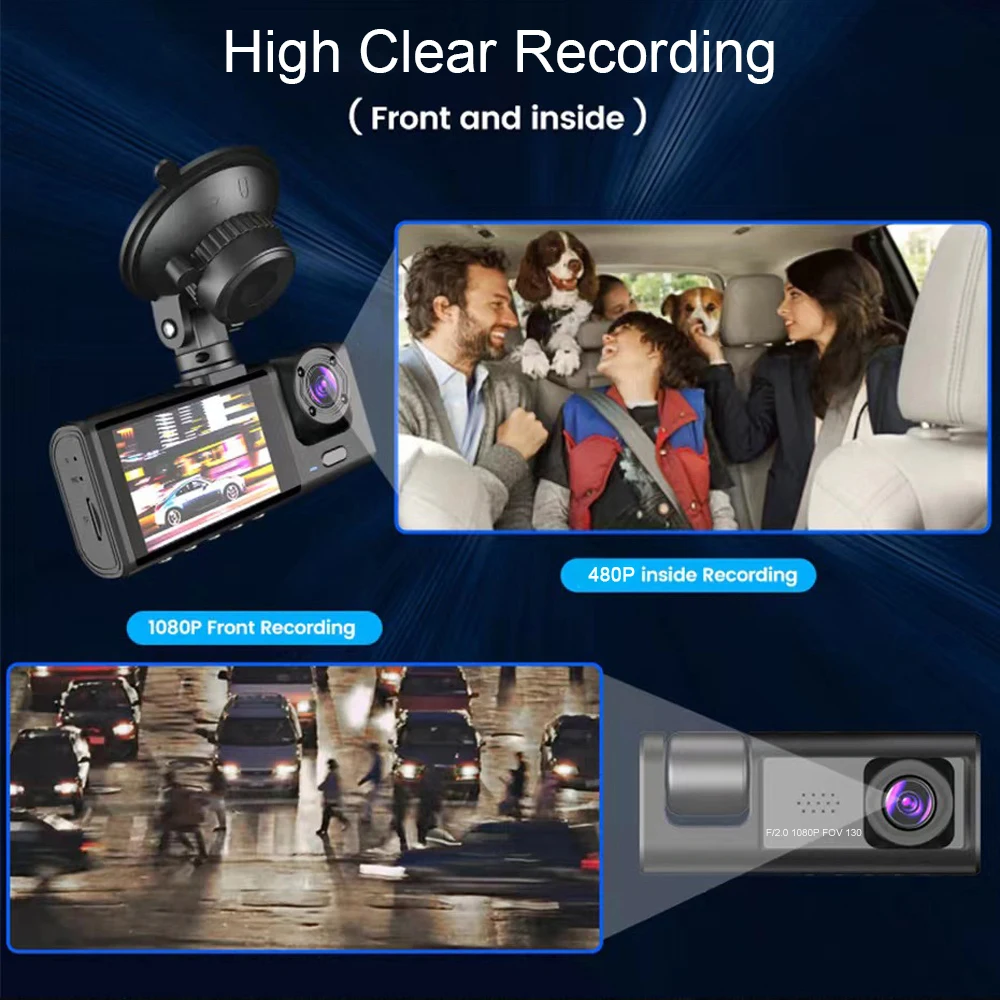 1080P DVR Dash Camera Front Inside Rear Camera Driving Recorder 2 Inch Screen Dashcam Support Night-Vision Loop Recording