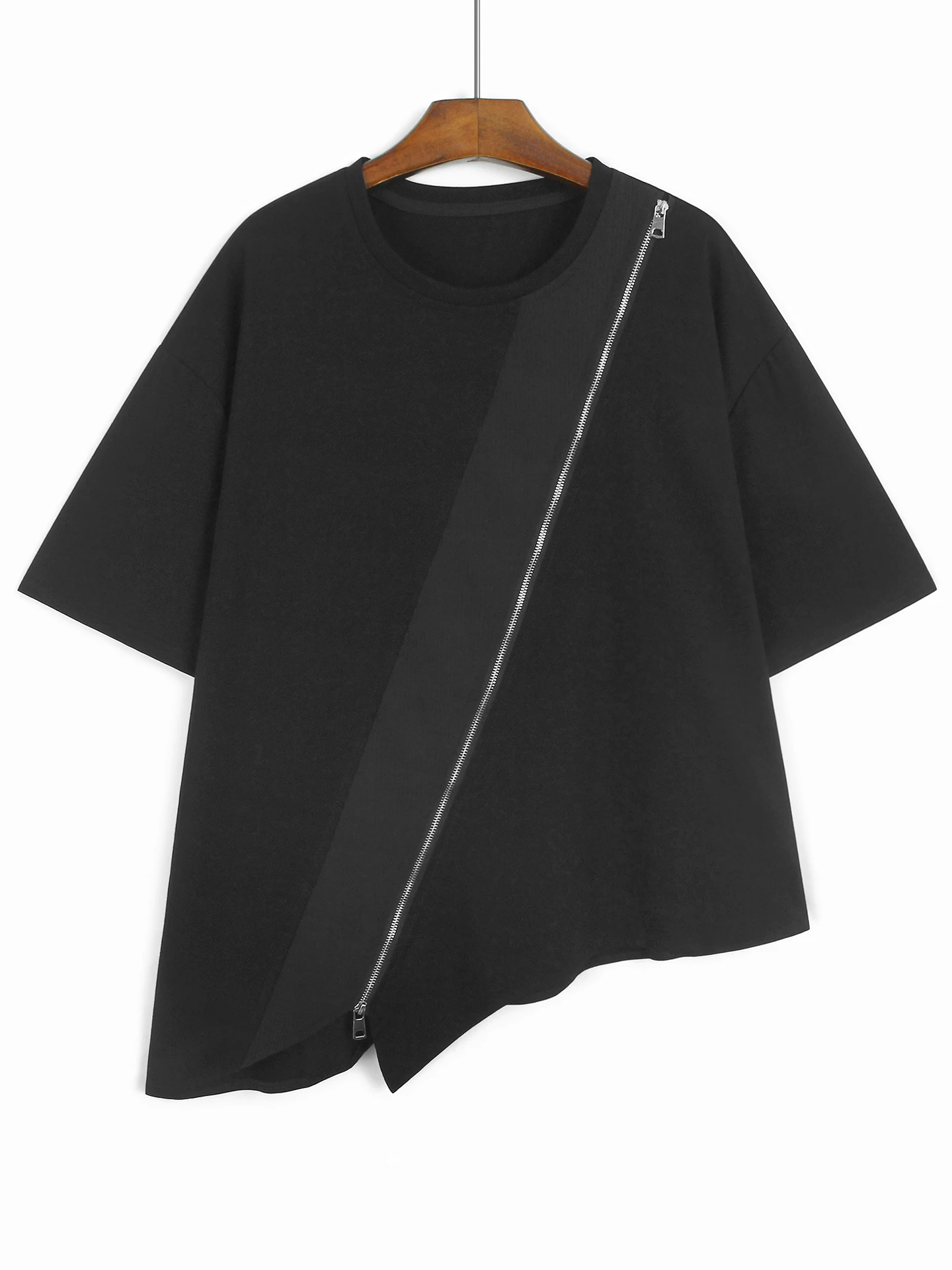 

Asymmetric Zipper Splice Short Sleeve T-Shirt Women Loose Design Black White Small Top Summer Korean Style Cotton round Neck