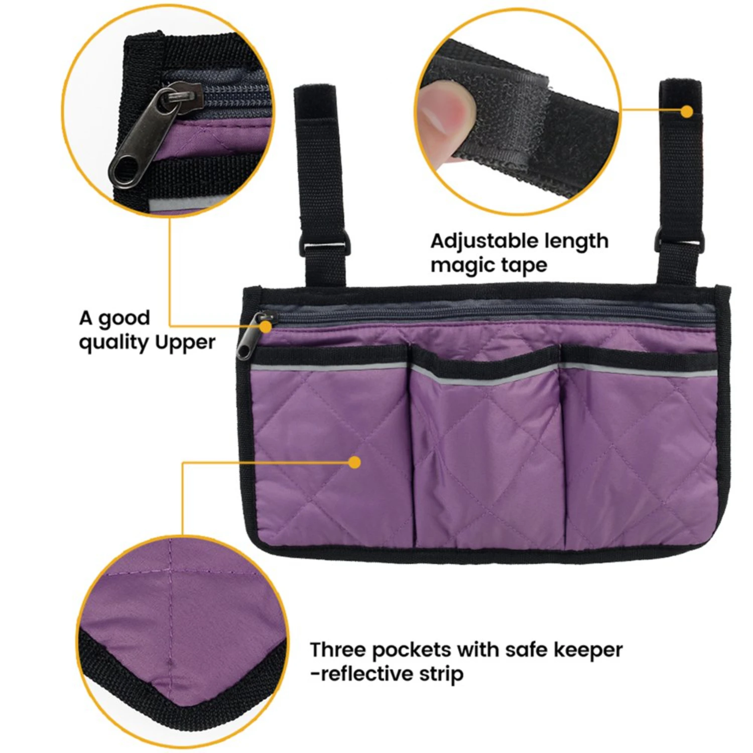 Wheelchair Armrest Side Bag Walker Accessory Organizer Bag with Reflective Stripes Waterproof Storage Pouches for Any Wheelchair