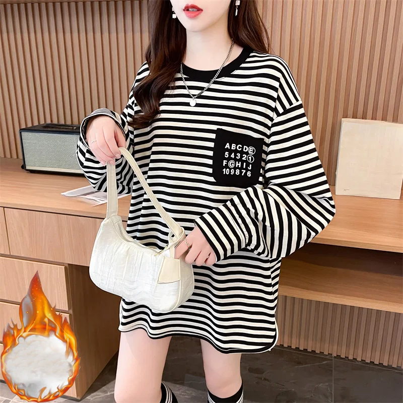 

autumn Winter black stripe Thicken women Long Sleeve T shirt warm Velvet y2k Tops casual oversized bottoming T-shirts streetwear