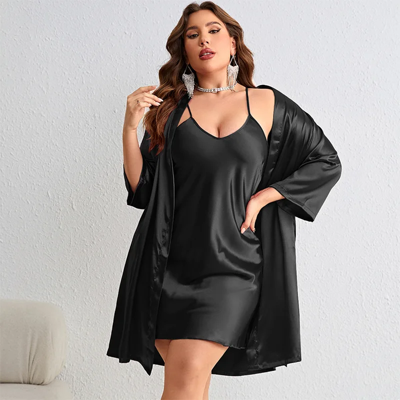 Conjunto de roupão de cetim de seda tamanho grande 5xl roupas para casa verão sexy roupão quimono vestido feminino sleepwear mini cinta de espaguete camisola