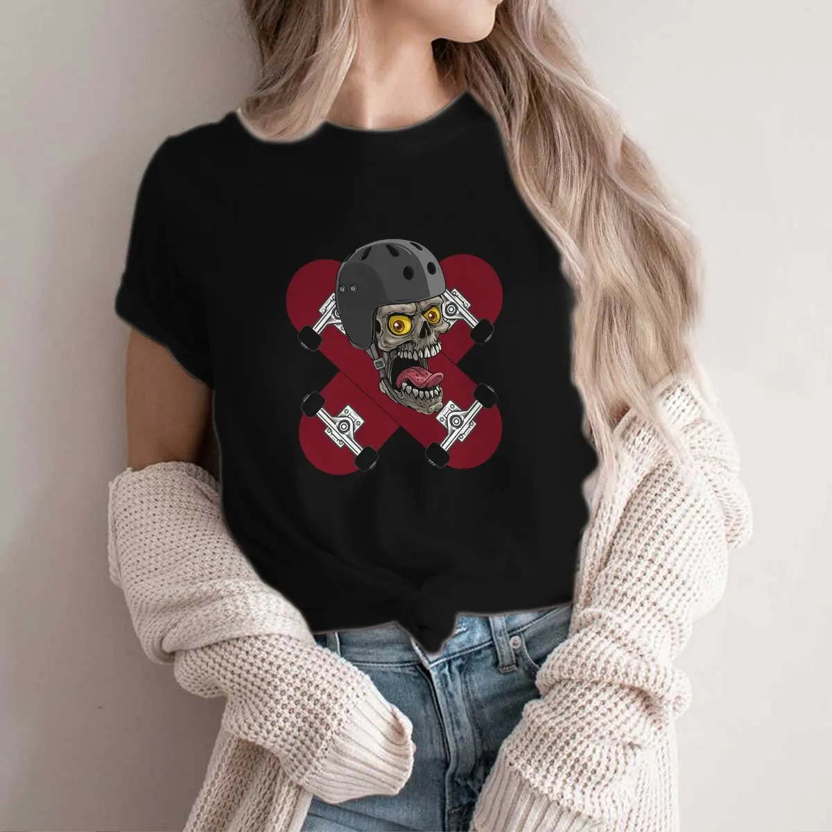 T-shirt Harajuku en polyester pour femme, streetwear confortable avec impression de crâne et bouteille d'eau