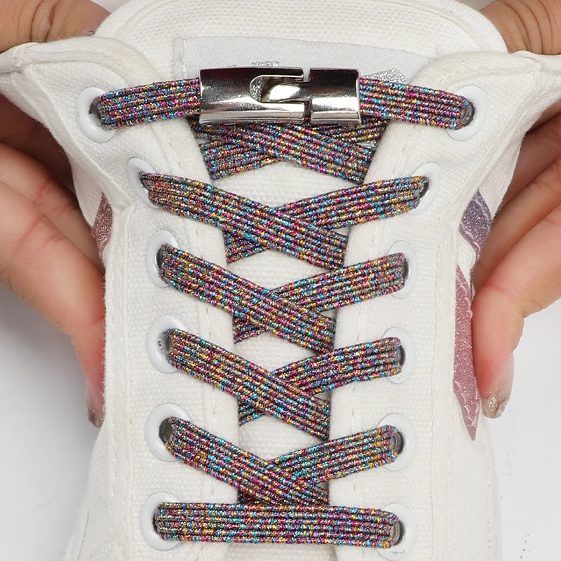 1 Paar elastische Schnürsenkel ohne Binden, Regenbogenfarben, flache Schnürsenkel für Sneaker, Metall-Kreuzverschluss, Lazy Shoes Schnürsenkel, Unisex