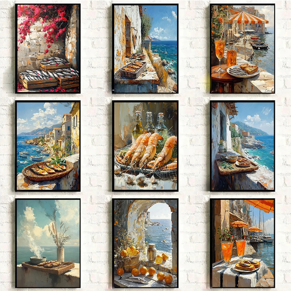 الصيد القرية الساحلية البحر الأبيض المتوسط فناء المطبخ البحر زهرة شرفة المشهد المشارك قماش النفط اللوحة الطباعة المنزل ديسمبر