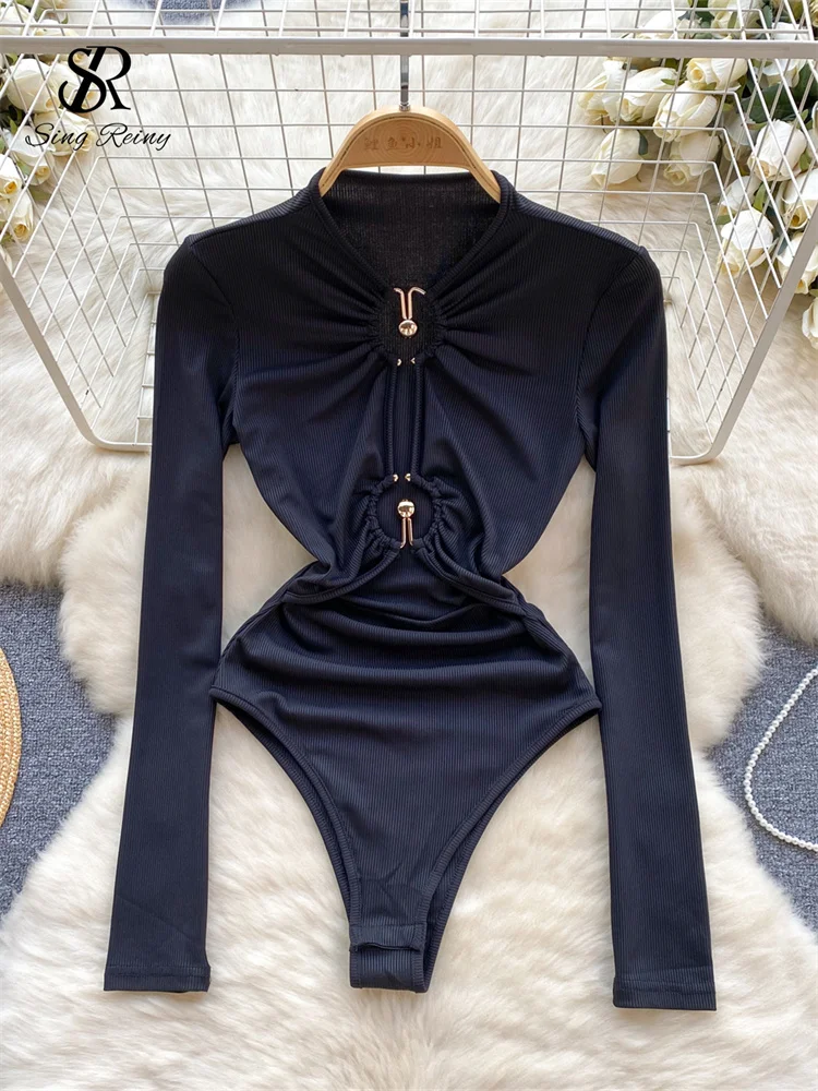 SINGREINY 2024 Autumn Skinny Sensual Bodysuits V Neck Long Sleeve Solid Rompers Open crotch Streetwear Hollow Out Sexy Playsuits