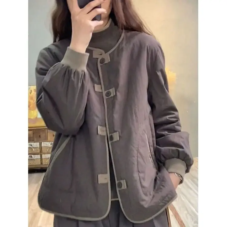 Lightweight Cotton Jacket Women\'s Short Casual Contrasting Color Plate Buckle Thick Cotton Jacket Warm Cotton Jacket Top