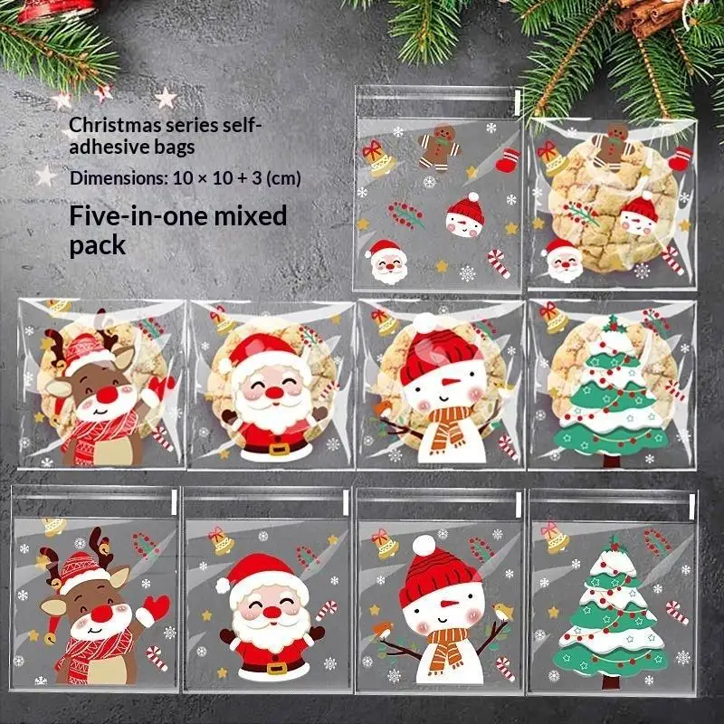 100Pcs Christmas Self-adhesive Treat Bags with Santa, Reindeer and Snowman Prints for Party Candy