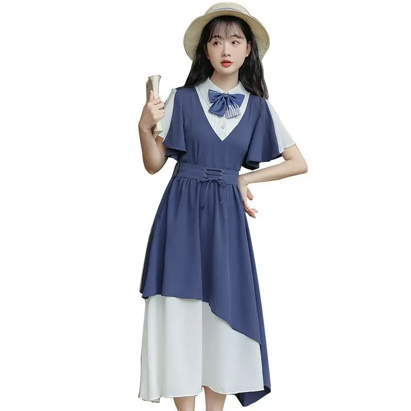 robe-longue-japonaise-et-coreenne-pour-femmes-bloc-de-couleurs-contrastees-design-feerique-sens-preppy-flocon-de-neige-manches-courtes-nouvelle-collection-ete-2025