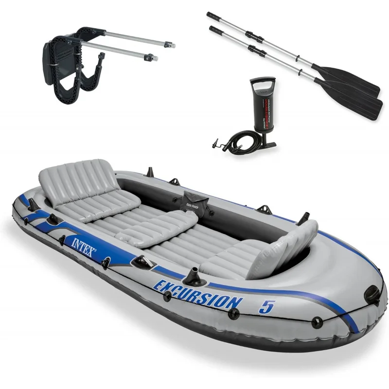 Intex excursion 5 person inflatable outdoor fishing raft boat set with 2 aluminum oars and air pump with a composite motor mount