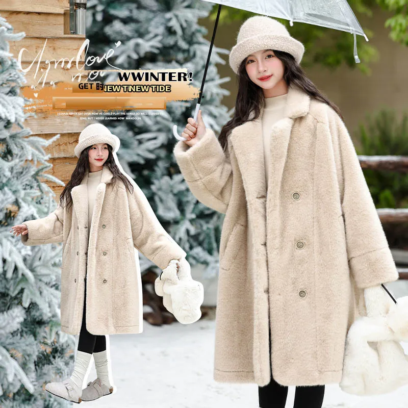 

2025 Winter Children Girls Woolen Coat Turn Down Colalr Thicken Warm Teens Girls Outerwear Coat Casual 2-14Y Kids Girls Jackets