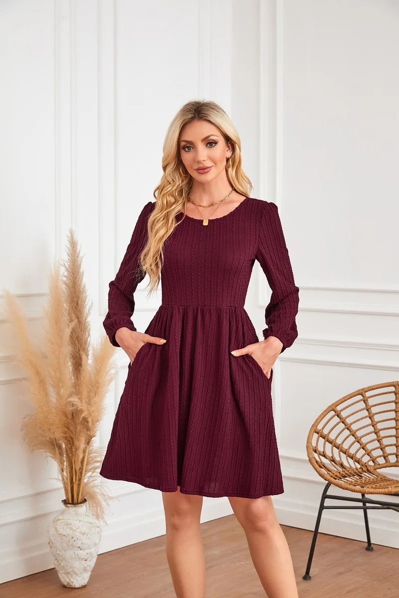 

Fashion Knitted Sweater Pocket Long Sleeve Dress Women Solid Color Summer Casual Loose Round Neck Mini Dress For Women 2025
