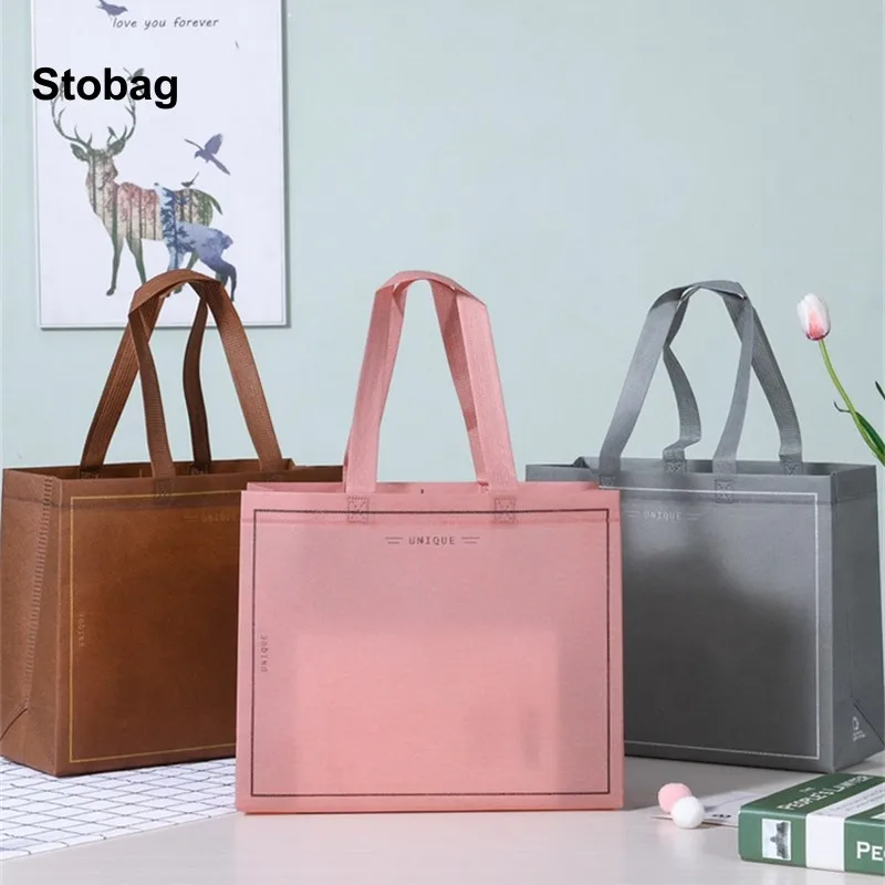 StoBag 50pcs Wholesale Non-woven Shopping Tote Bag Shoulder Eco Fabric Large Reusable Storage Portable Custom Logo(Extra Fee)