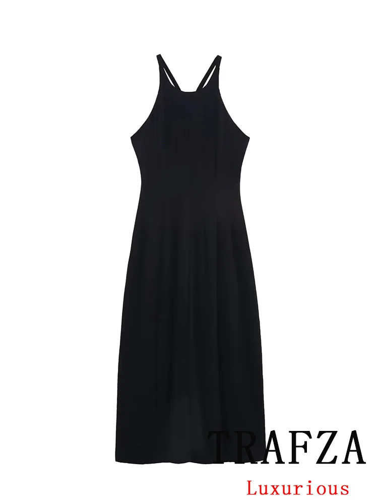 

TRAFZA Vintage Casual Chic Women Dress Black Solid Zipper Cami Long Vestidos New Fashion 2025 Spring Summer Holiday Dress