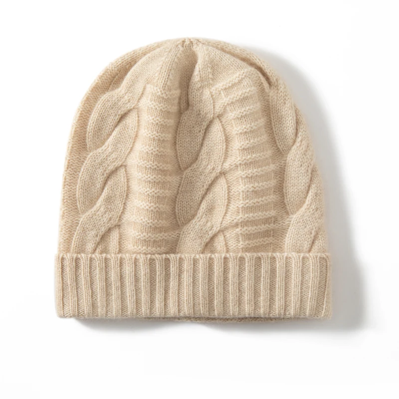 KOIJINSKY Women Autumn Winter 35% Cashmere 65% Merino Wool Knitted Beanie Classic Thick Cable Twist Knit Elastic Slouchy Warm Wi