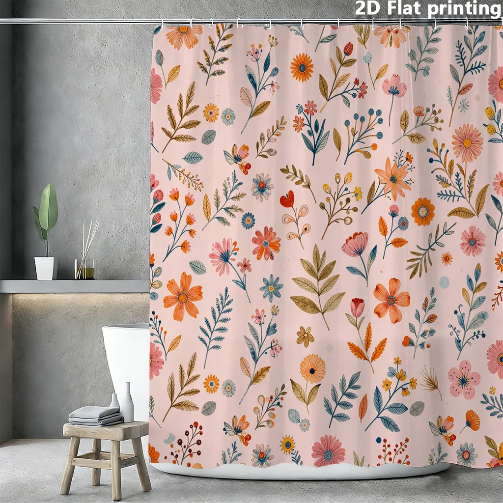 Soft Pastel Floral Shower Curtain – Watercolor Blooms & Leaves, Pink Base, 70.9×70.9