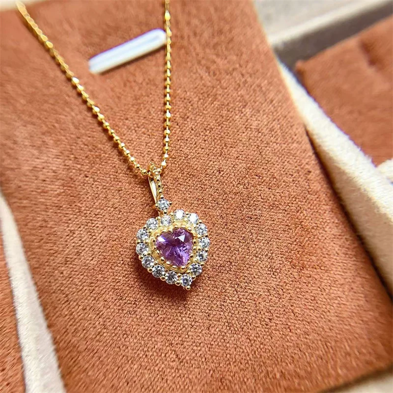 

Heart Shape Amethyst S925 Silver Necklace Pendant for Women Girl Anniversary Gift Yellow Gold Fine Elegant Jewelry