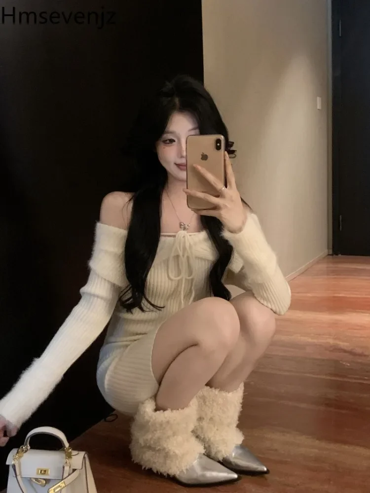 Vestidos de malha de mangas compridas para mulheres, um ombro, laço, sexy, garotas doces, camada interna, quadril wrap, vestido curto fino, primavera