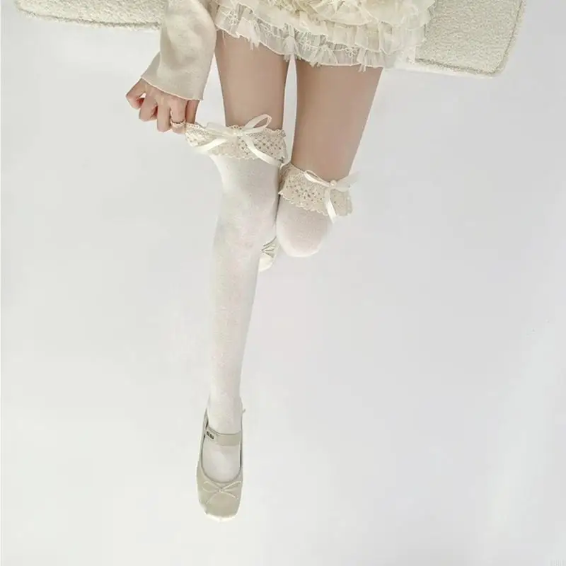 195E Lolitas Kniestrümpfe, süße, dünne, transparente, oberschenkelhohe Socken, Ballett-Rüschenstrumpf