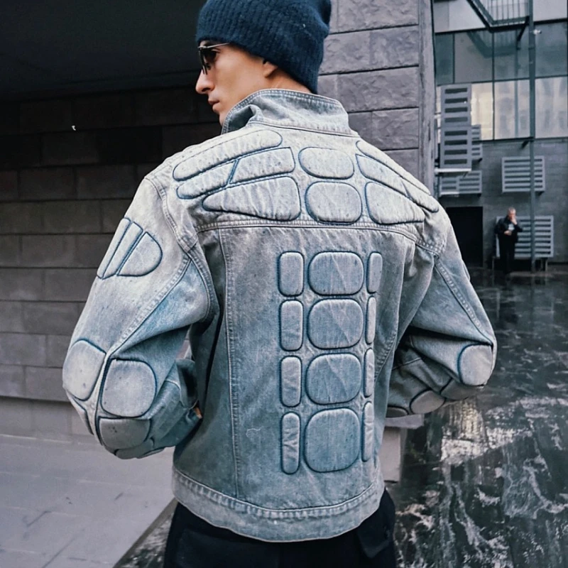 Satoshi Denim Jacket Washed Blue Armor Stitch Oversize Unisex Vintage Streetwear Men Women Cowboy Coat