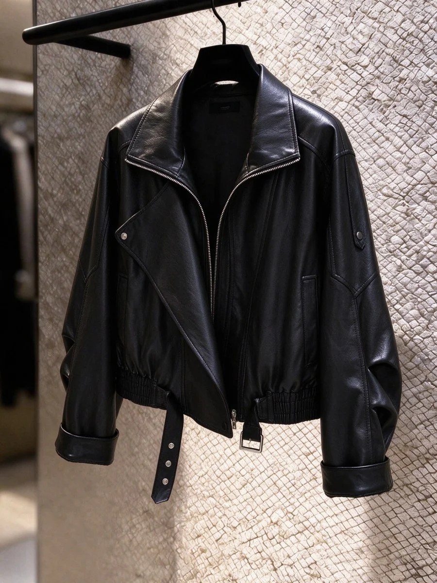Cool Short PU Leather Jacket Women's Zipper Motorcycle Clothes Street Style Warmth Straight Tube Type Long Sleeve Pure Color
