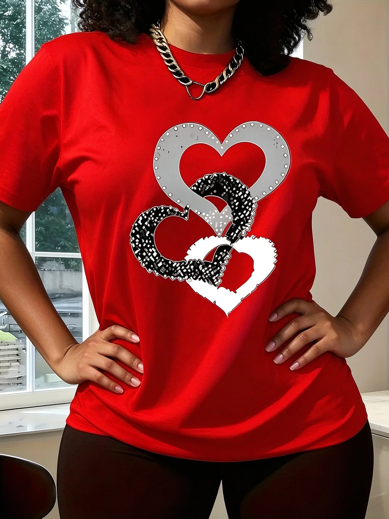 New Spring/Summer Fashion Women's Short-Sleeve Top, Simple and Stylish Love Ring Pattern Print, Versatile Daily Wear Round Neck T-Shirt, Circle Print