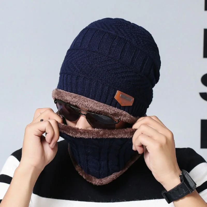 Autumn and Winter Velvet Hat Men's Knitted Hat Neck Scarf Two-Piece Set Ear Protection Woolen Hat Cross-Border Hat Factory