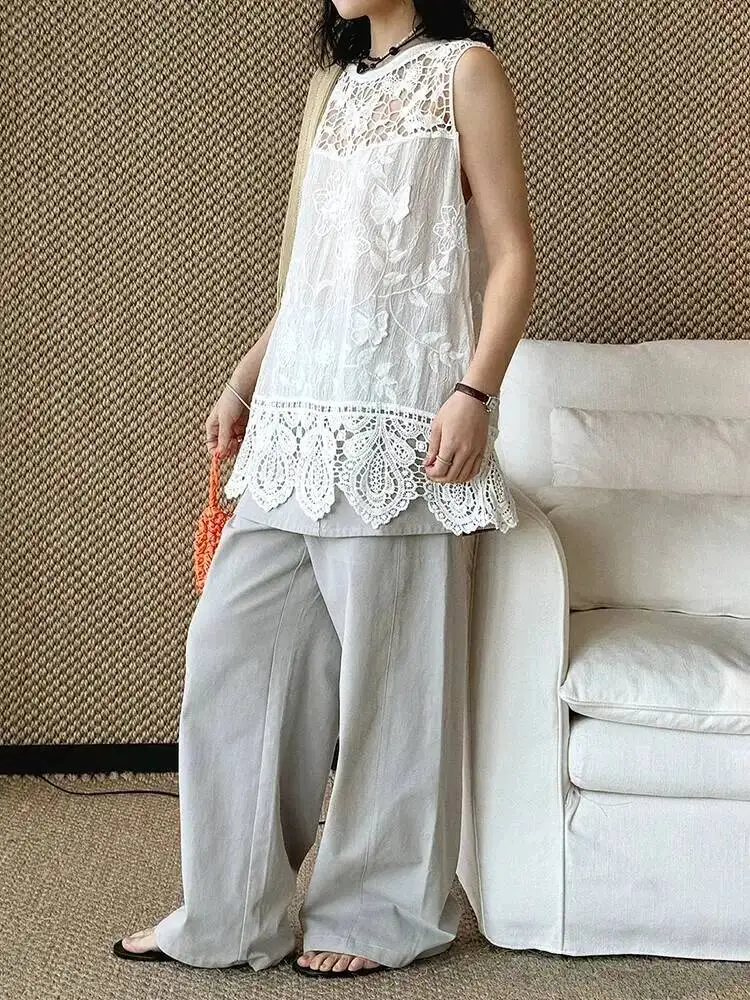 Lace Women White Hollow Out Elegant Tank Tops New Round Neck Sleeveless Personality Fashion Spring Summer 2026 SY8C