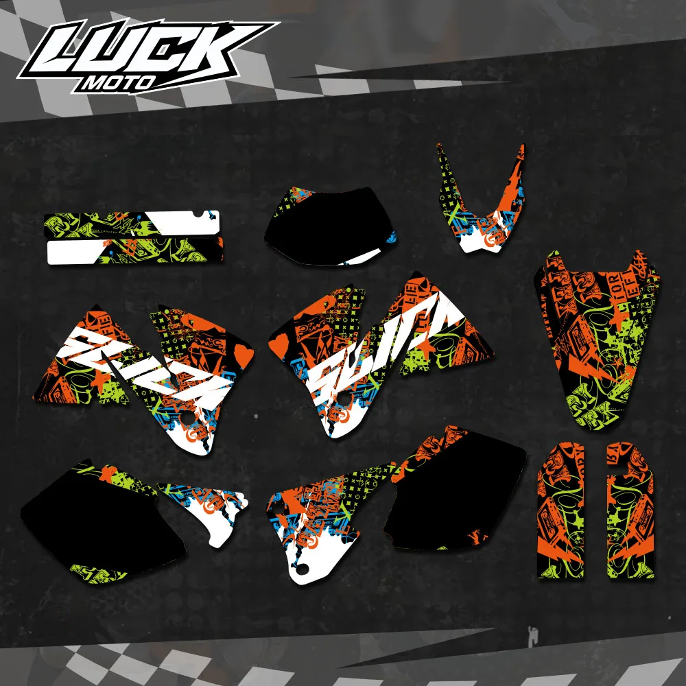 For KTM EXC 250 300 350 400 520 MXC 200 300 2001 2002 LUCKMOTO NEW TEAM GRAPHICS WITH MATCHING BACKGROUNDS Sticker