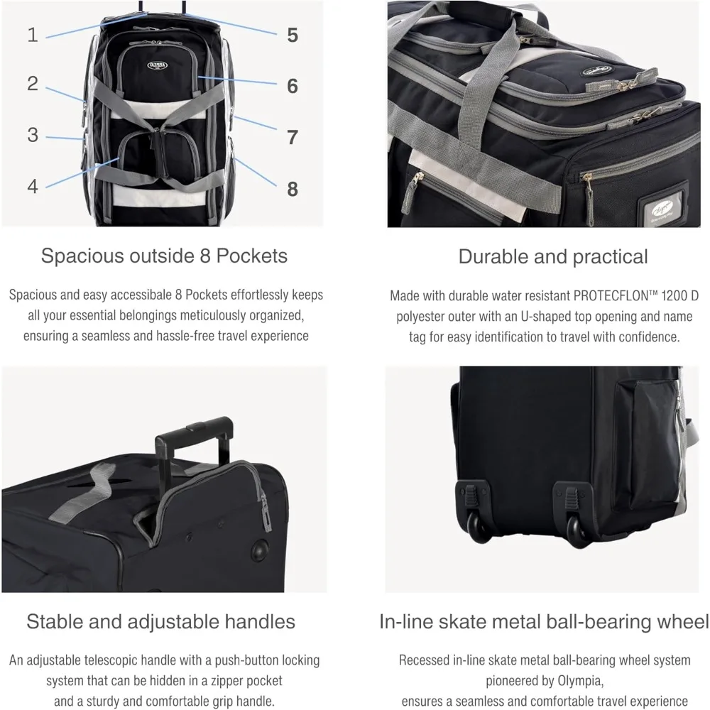 حقيبة القماش الخشن بعجلات مقاس 33 بوصة مع 8 جيوب، مقاومة للماء، خفيفة الوزن للسفر، حقيبة مع وظيفة ممتدة