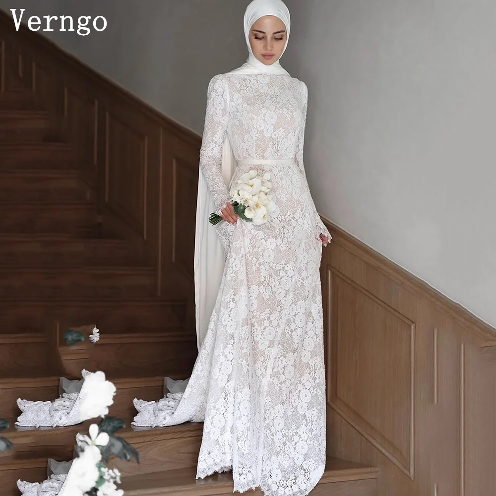 Verngo Lace Wedding Dress High Neck Full Sleeves Mermaid Bridal Gowns Mulism Prom Bride Dresses Customized