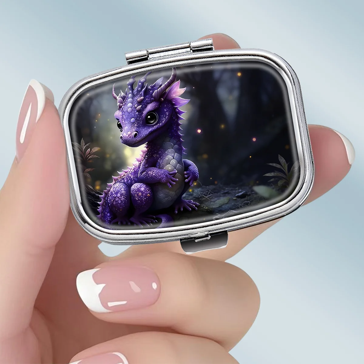 1PC Cute Dragon Fantasy Scenery Pattern Square 2-Compartment Pill Box - Portable Medicine and Vitamin Storage Box, suitable for hand-carrying or travel use, unique small gift, wallet pill box