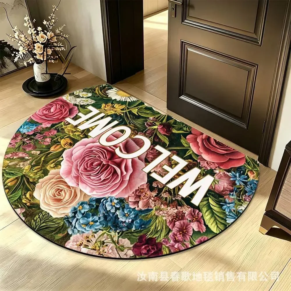 Half Round Felt Doormat Walking Black Cats on White Non Slip Door Mat for Hallway Decor