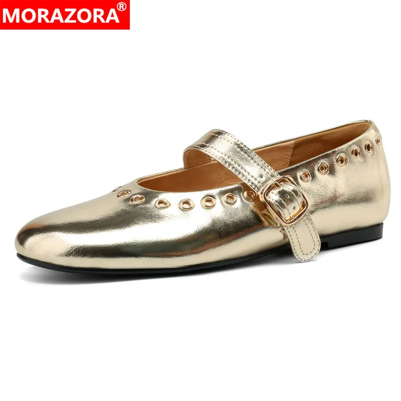 

MORAZORA 2024 New Genuine Leather Flat Shoes Woman Mary Janes Buckle Wine Red Black Gold Ladies Office Flats Fashion Footwear