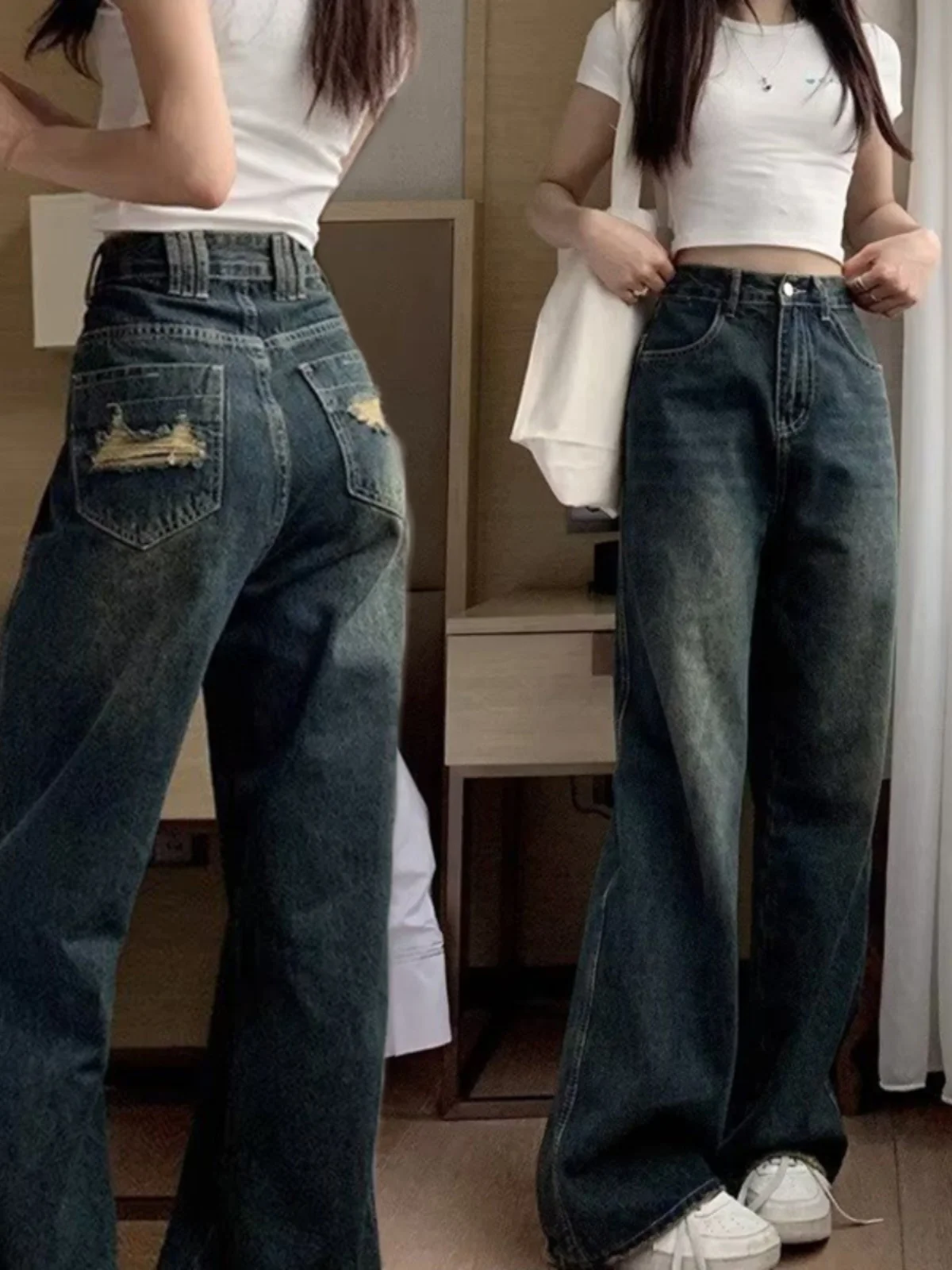 

Женские джинсы с рваным краем в стиле ретро, новая осенняя модель, свободные широкие прямые брюки с высокой талией, повседневные джинсы