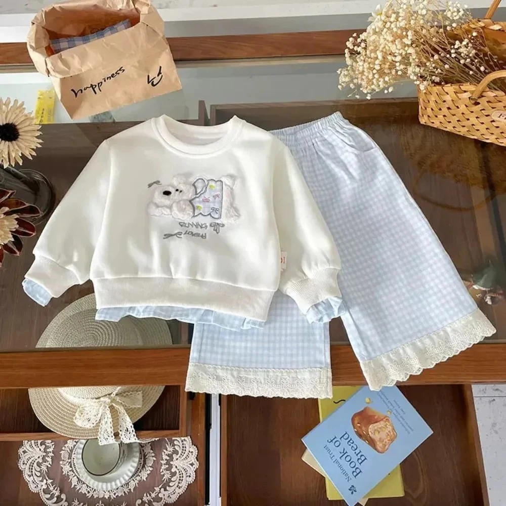 

Весенне-осенний комплект в Корейском стиле для милых девочек, топ с длинными рукавами и принтом собаки с рисунком собаки + синие повседневные брюки в клетку, детская одежда