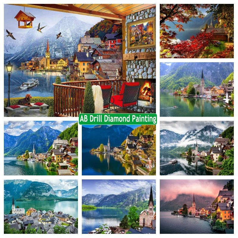 

Austria Hallstatt Lake And Village Scenery AB Diamond Painting Full Square Drills Alps Mountain Mosaic Cross Stitch Room Decor