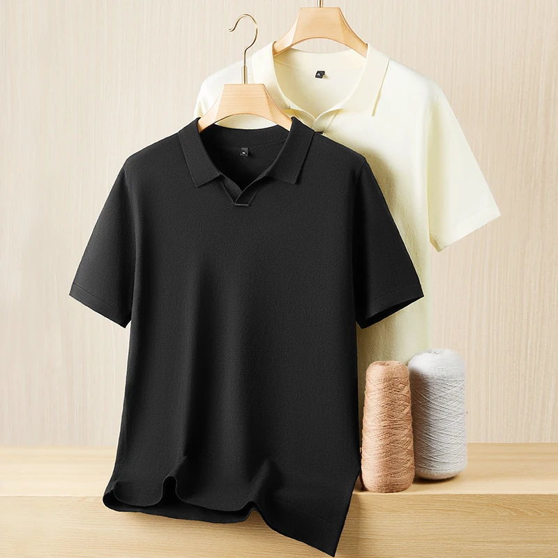 Designer Collar Luxury Men Sweater Knitted Short Sleeve All Match Autumn Quality Viscose Blends Silky Stretchy Sueters De Hombre