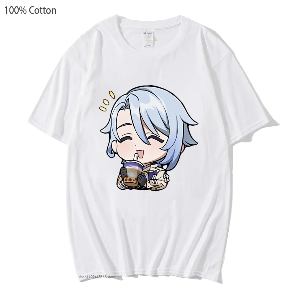 Genshin Impact Kamisato Ayato Tshirt Anime Cartoon Print Tops Short Sleeve Funny To Drink Milk Tea T-Shirts Women/Men Casual Y2k