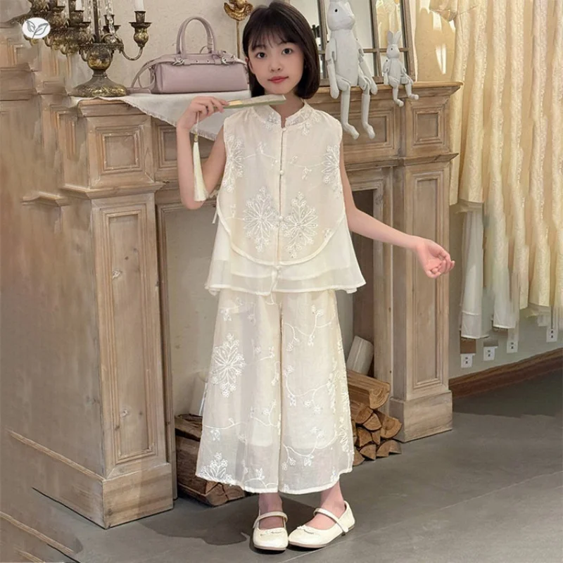 

Girls' Chinese jacquard suit Sleeveless sequin set Wide-leg skirt-pants two-piece set Teen summer set
