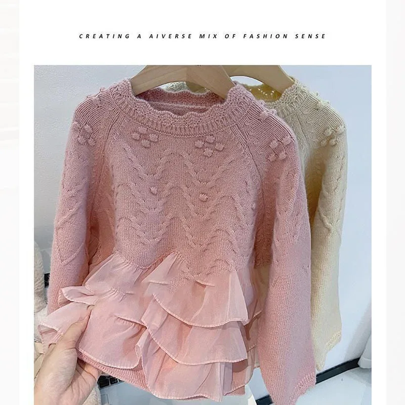 ملابس تريكو للفتيات مع بلوفر سفلي من الدانتيل ملابس خارجية للأميرة من الدانتيل للخريف والشتاء ملابس أطفال #5