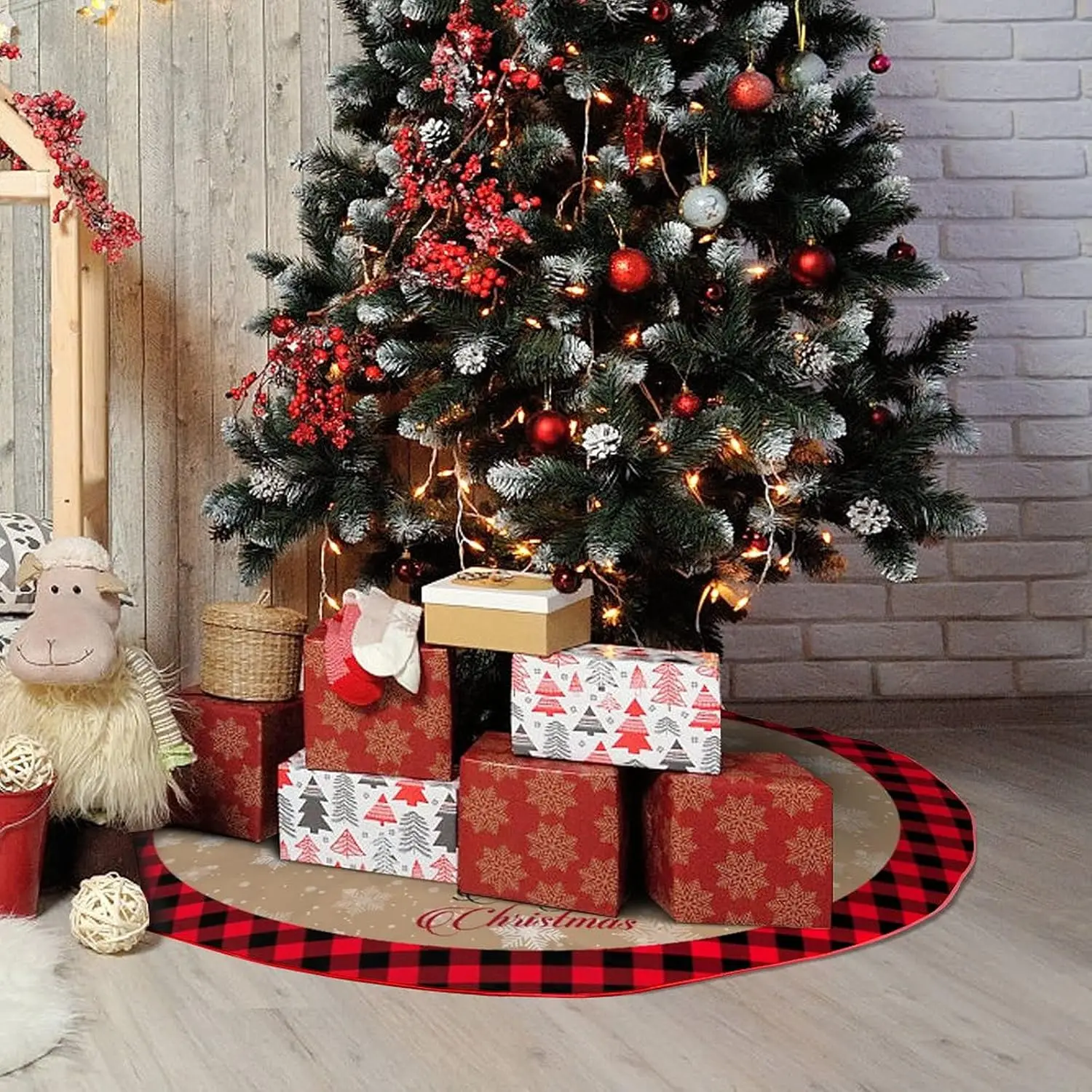 Christmas Tree Skirt, 48 Inch Red Truck Xmas Tree Skirt with Red Black Buffalo Plaid Edge, Rustic Vintage Farmhouse Christmas Decoration Ornaments for Merry Christmas Holiday Party