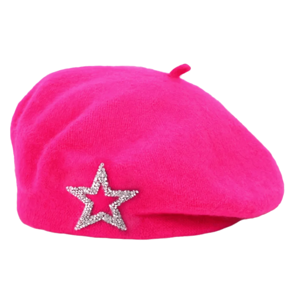 Streetwear Five-Pointed Star Wool Beret Soft Warm Knitted Painter Hat Rhinestone Decor Solid Color Beanie Cap Street Photography