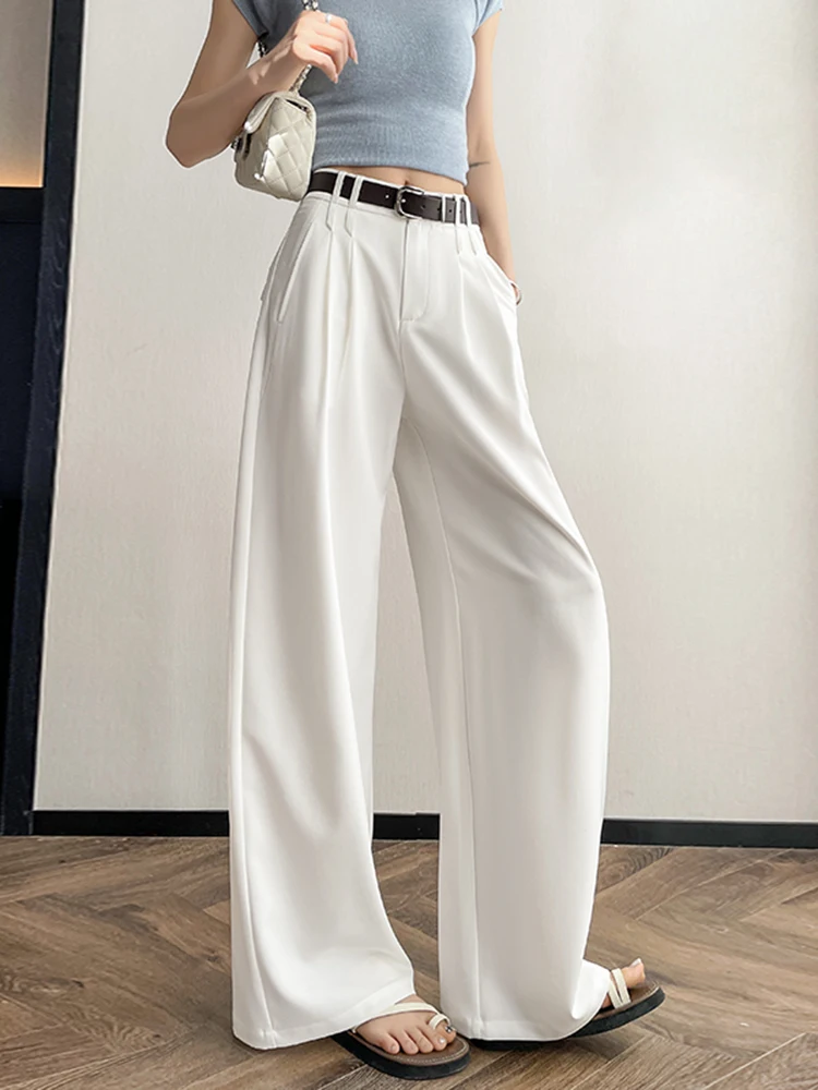

Повседневные свободные брюки с высокой талией и широкими штанинами, женские белые брюки-костюм, весна-лето, новинка, модные прямые брюки в стиле кэжуал
